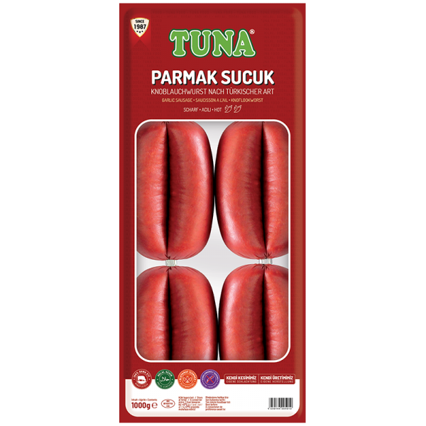 Sucuk Tuna Rinder Knoblauchwurst Türkisch - Parmak, 1000g - Mittel Scharf Halal