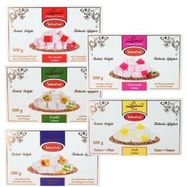 Sebahat Turkish Delight Lokum 5er Set mit Granatapfel, Rose, Natur, gemischte Nüsse und Pistazie 5 x 500 g